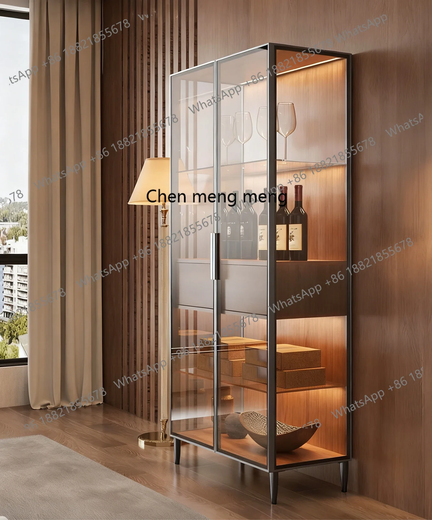 

Italian light luxury wine cabinet living room home wall integrated glass display cabinet modern simple floor