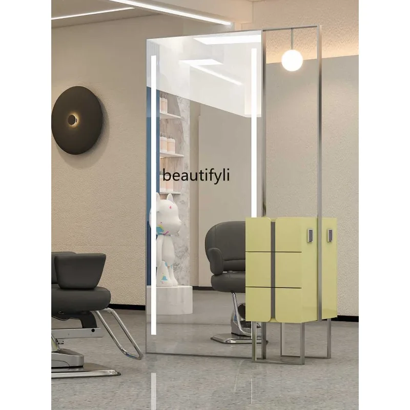 Integrated barber mirror table with lamp and cabinet, perm and dyeing area barber mirror, double-sided high-end mirror