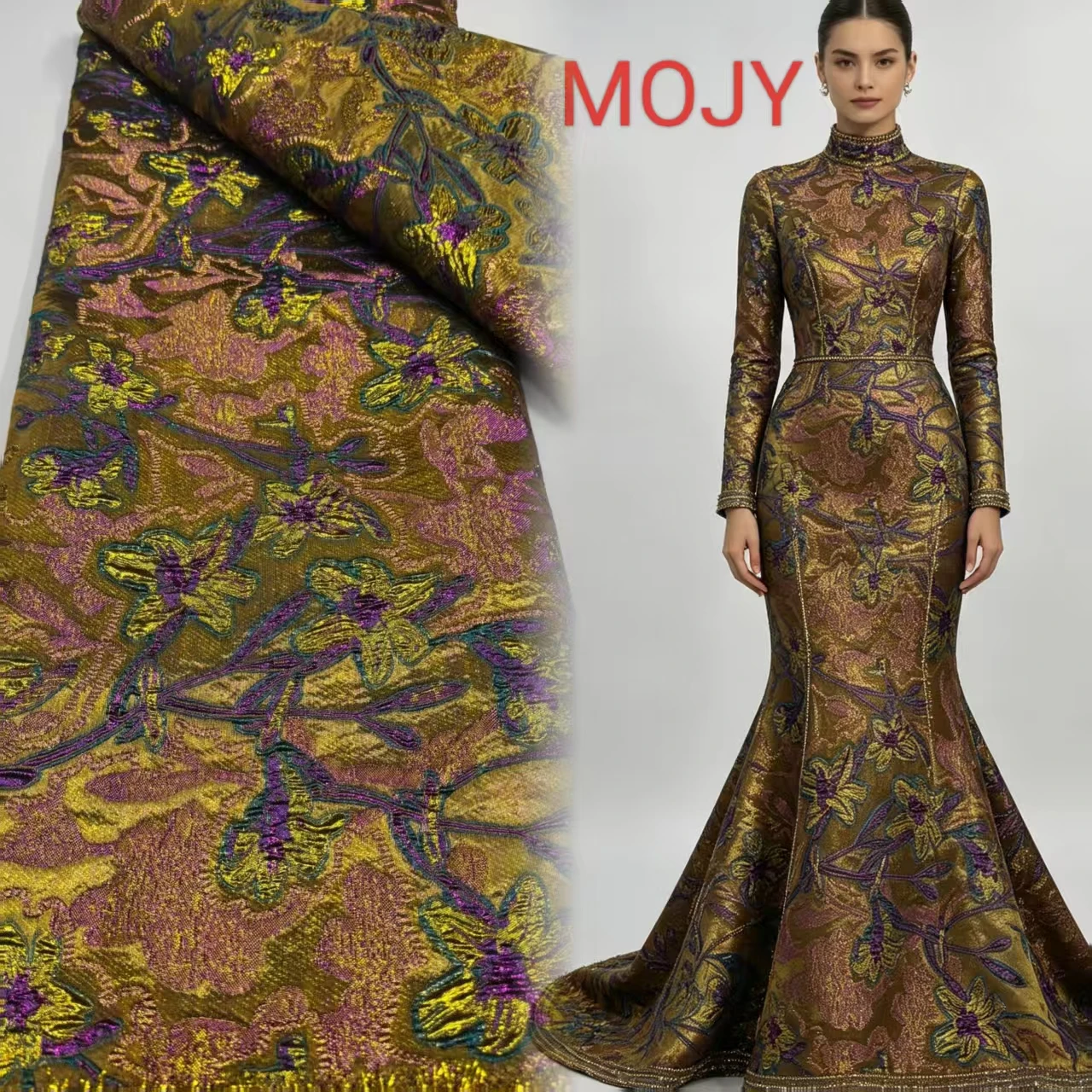 Vintage Floral Metallic Jacquard Brocade Fabric Gold Purple Green For African Party Dress Clothing Upholstery Sewing Material