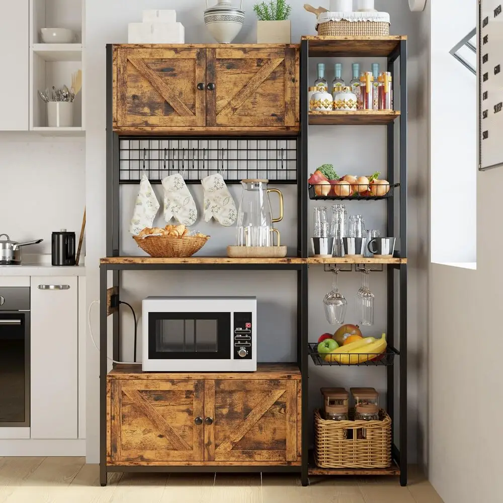 IRONCK Bakers Rack with 2 Storage Cabinets and Power Outlet, 45.3 Inch Kitchen Microwave Stand with Storage, Coffee Bar Cabinet