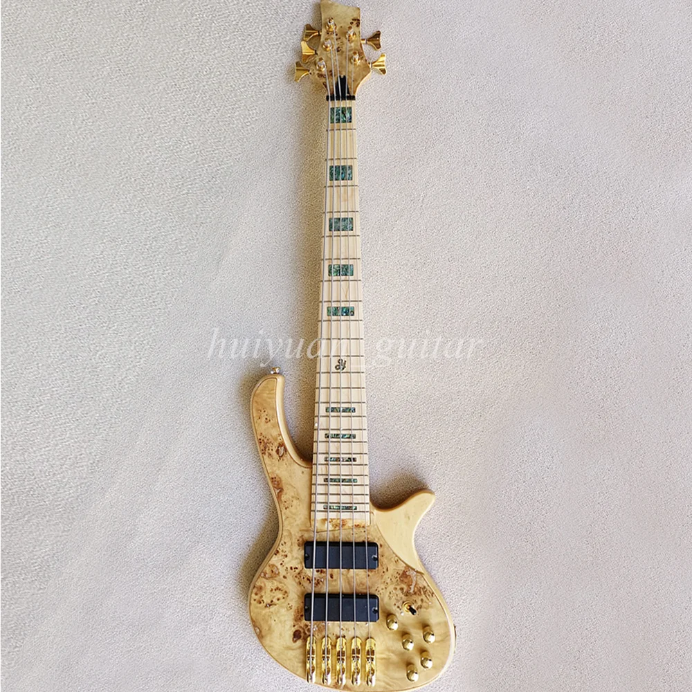 Flyoung 5 Strings Natural ASH Active Electric Bass Guitar with Abalone Inlay Maple Fretboard 24 Frets Strings Distance 19 mm