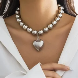 Boho Punk Silver-plate Big Bead Chain Heart Pendant Necklace For Women Vintage Fashion Female Baroque Hip Hop Choker Jewelry