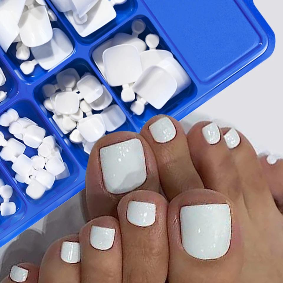 100 piezas uñas postizas blancas cortas cuadradas para pies, verano, cobertura completa, color sólido acrílico 3