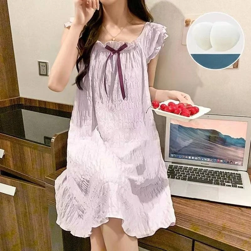 Cute Camisole Women Fashion Summer Nightgowns Sweet Girl Sleeveless Sling Pajama Lady Ribbons Bows Padding Sleepshirt Homewears - view 4