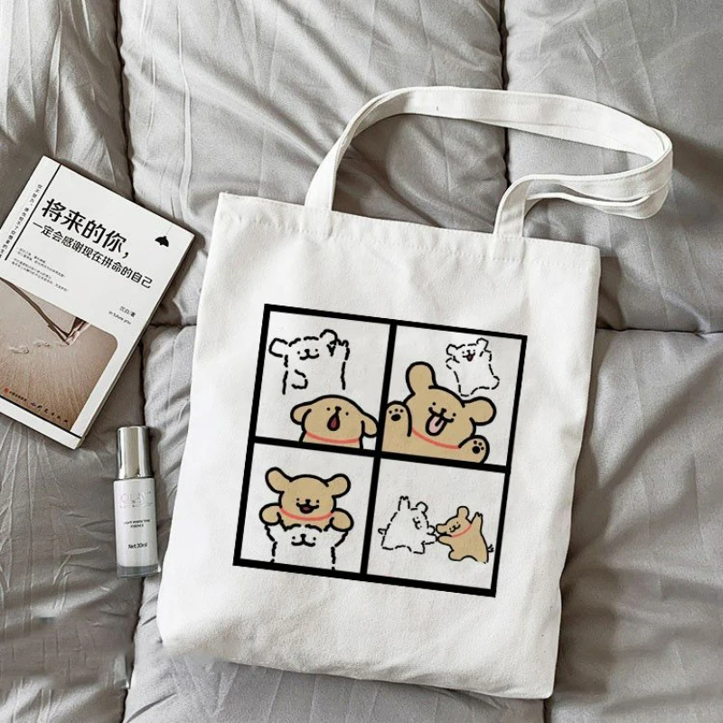 

Cute Dog Cartoon Portable Canvas Tote Handbags Kawaii Fashion Cartoon High-capacity Shopping Grocery Reusable School Girls Gifts
