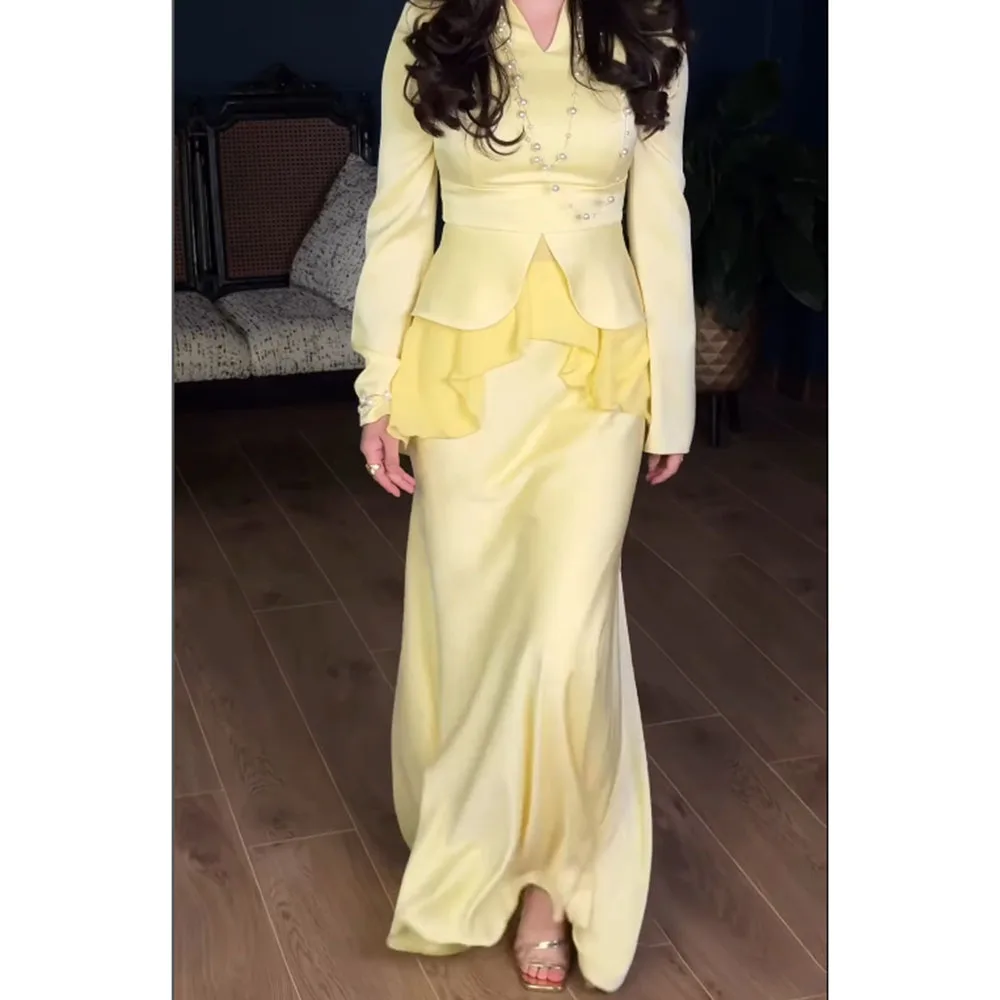 

Customized A-line Evening Dresses Floor-length V-neck Full Sleeve Prom Gown Simple Fashion Draped Casual Party Gown