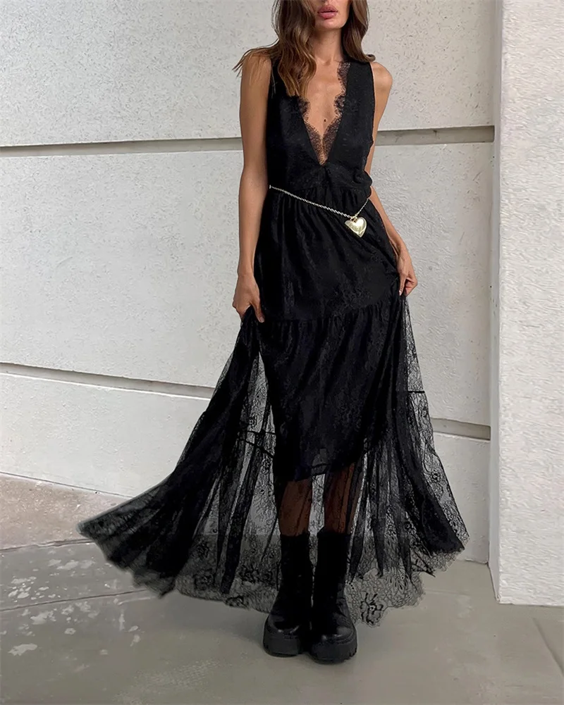 Sexy Black/White Lace Prom Dress Sleeveless Deep V Backless Flowy Ankle-Length Party Gown Loose Fit Maxi Evening Birthday Robe