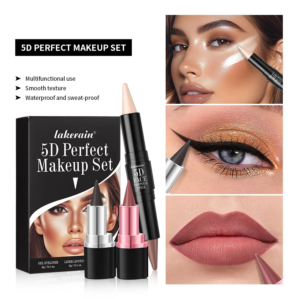 lakerain 5D perfecte make-upset met eyeliner, lipliner, contourstick, langdurige waterdichte multifunctionele gezichtsmake-up