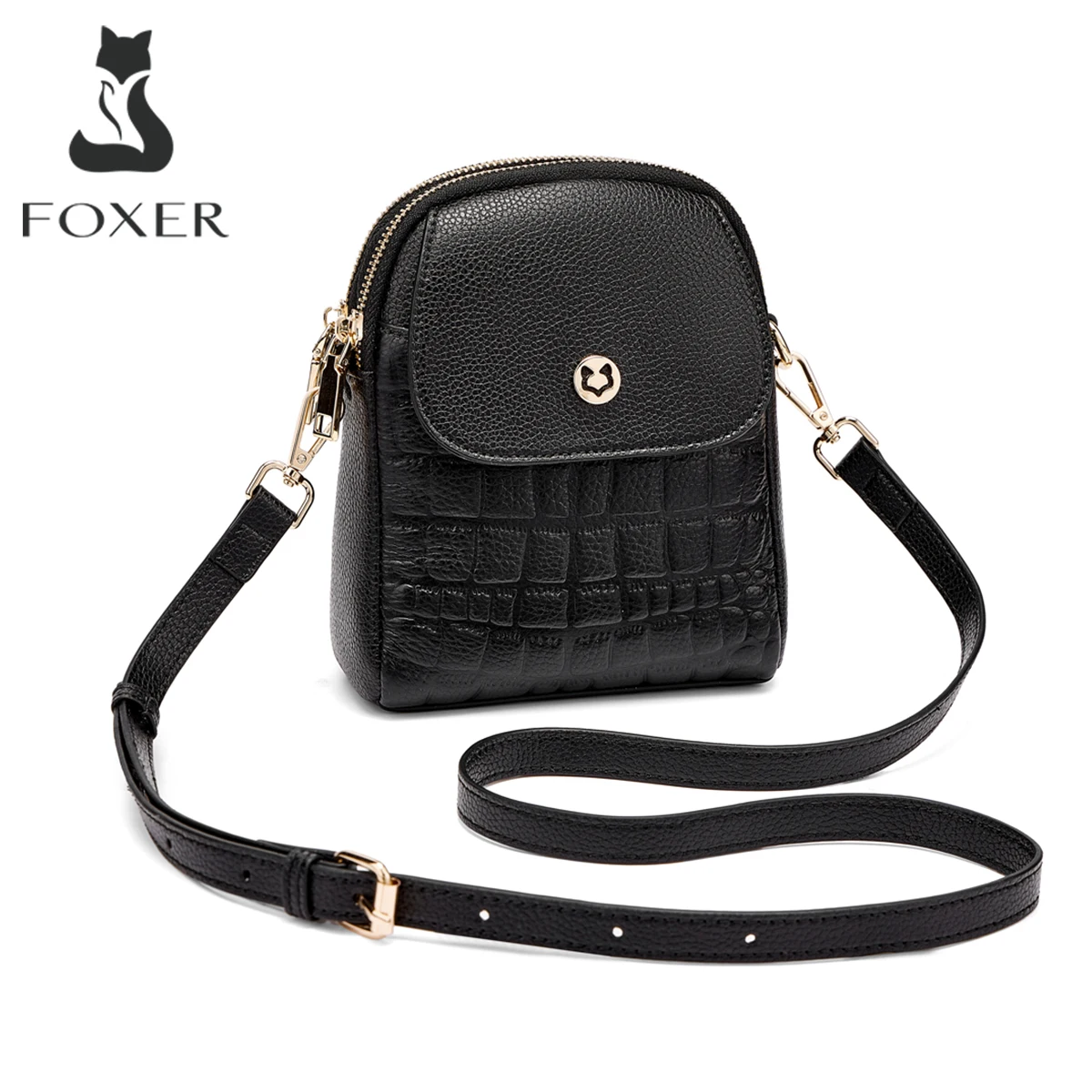 FOXER Women's Genuine Leather Crocodile Pattern Crossbody Phone Bags Lady Mini Cowhide Shoulder Adjustable Strap Cellphone Purse