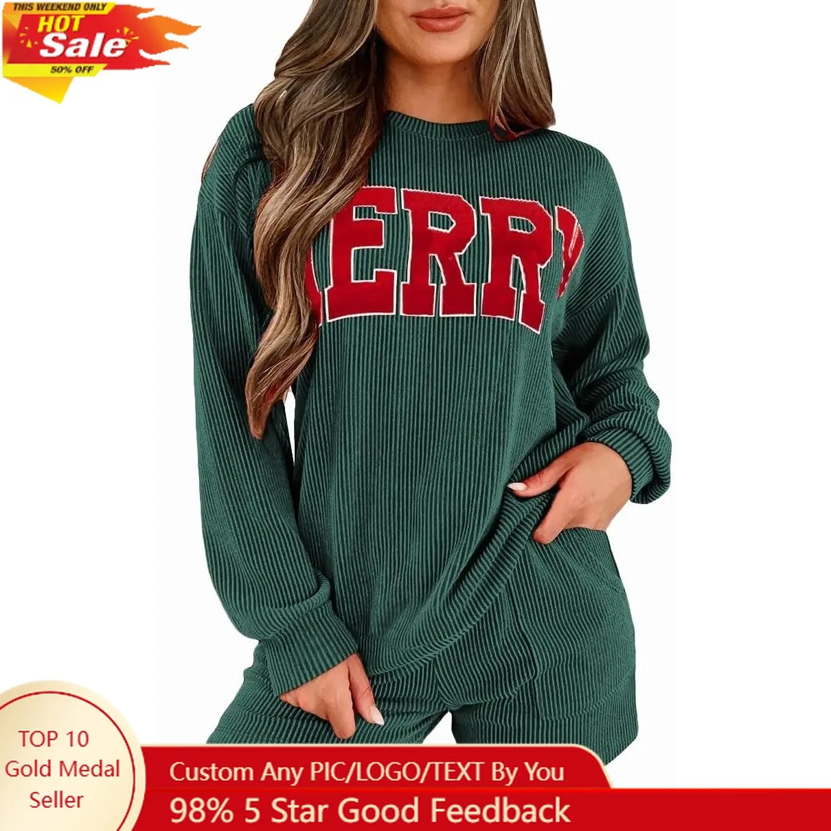 

Womens Ribbed Pajama Sets Long Sleeve Top and Shorts Matching Lounge Set Loungewear Sweatsuit with Pockets