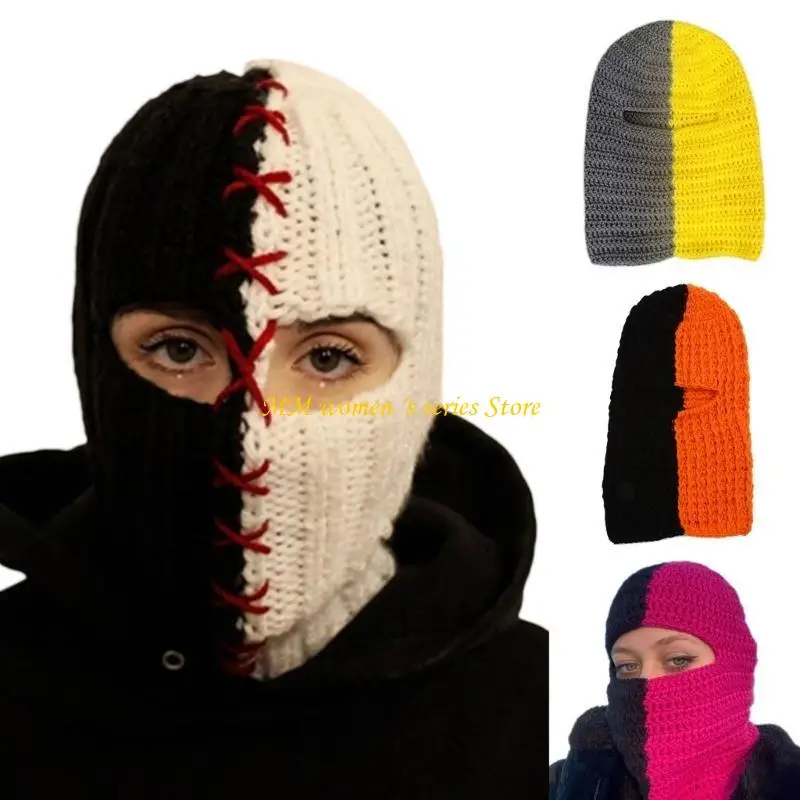 Q39C Terrifying Knitted Winter Balaclava Bucket Hat Full-Head Halloween Cosplay