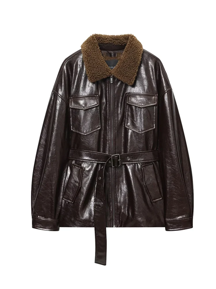 TFMLN Winter Faux Leder Jacken für Frauen Pelz Kragen Multi-Tasche PU Leder Gürtel Mantel Casual Solide Lose Outwear weibliche Neue