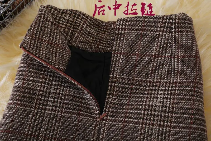 Women's Plaid Wool Midi Skirt Back Slit Bodycon Pencil Skirt Winter Trendy Office Falda Holiday Skirt Ruffled Hem A-line Corset