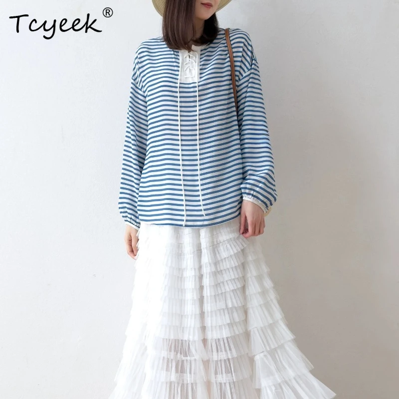 Tcyeek 100% Real Silk Women T Shirt 2026 Spring Autumn Blue White Sailor Stripe Long-sleeved Shirt Female Clothing Ropa De Mujer