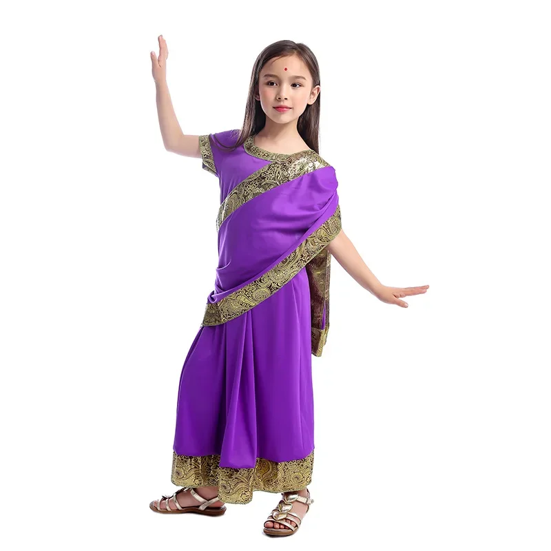 JEMMALEONG Bollywood Indian Girl Princess Cosplay Purple Sari Haloween Carnival Costume For Kids Indian Belly Dance Dress BS7065