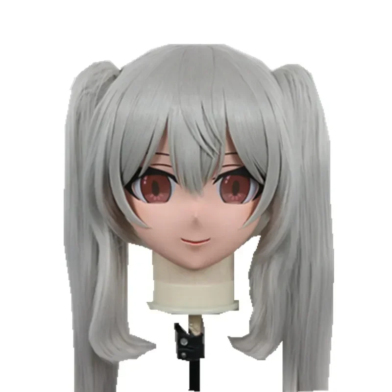 (B70) Customized Lifesize Mask Crossdressing with Backshell Silicone Anime Genshin Impact Kigurumi Mask Cosplay with Grey Wig