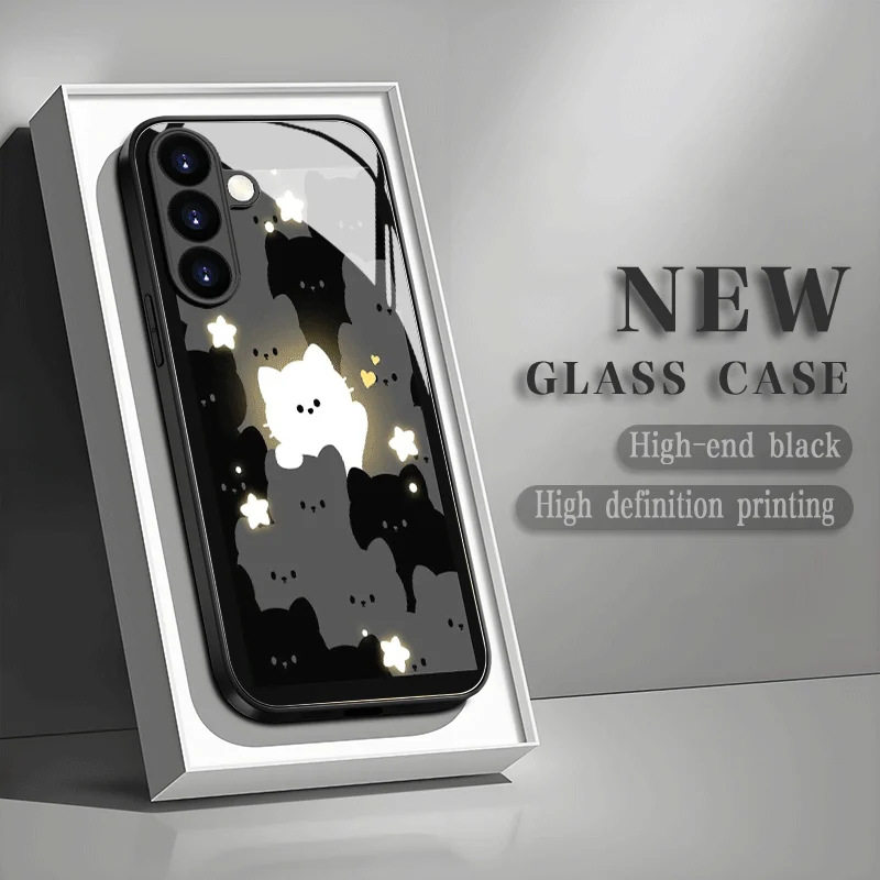 Cartoon Luminous Little Cat Tempered Glass Phone Case for Samsung Galaxy S26/S25/S24/S23 Ultra/S22 Ultra/S20 Ultra/56/A72/A73 5G