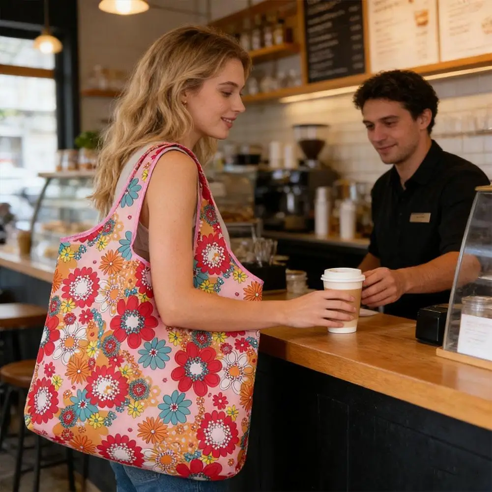 Foldable Grocery Bag 2Pcs Portable Nylon Shopping Bag with Attached Pouch Water-Resistant Shoulder Tote Washable Reusable Bag - view 5