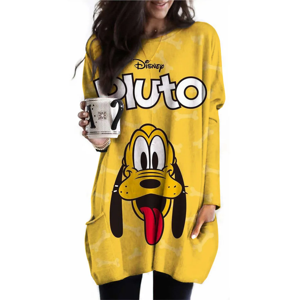 Women\'s long top Disney Goofy printed casual fashion pocket T-shirt long sleeved round neck waistband pullover casual loose top