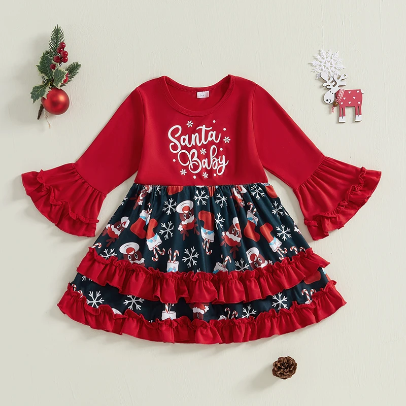 Little Girl Christmas Dress Letter Reindeer Print Round Neck Flare Sleeve Tiered Ruffle Dress for Daily School Party