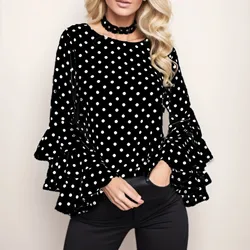 Vintage Fashion Polka Dot Printed Women's T Shirt Tops Long Sleeve Flared Sleeve Tee Tops Casual Versatile Round Neck Blouse Top