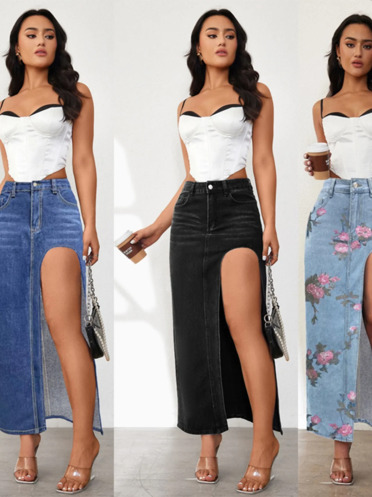 

Waed однотонная джинсовая юбка с высоким разрезом, женская облегающая юбка средней длины, уличная повседневная юбка из хлопка и полиэстера