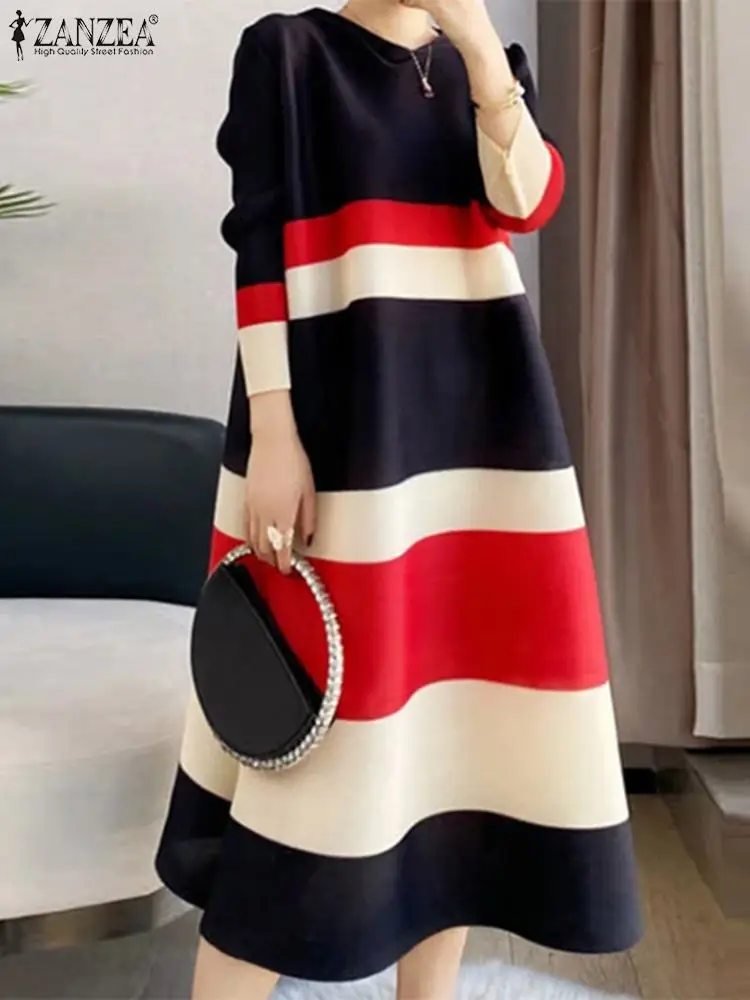 Casual Round Neck 3/4 Sleeve Baggy Dress ZANZEA Womens Dress Vintage Striped Contrast Color Vestido Holiday Party Midi Dress