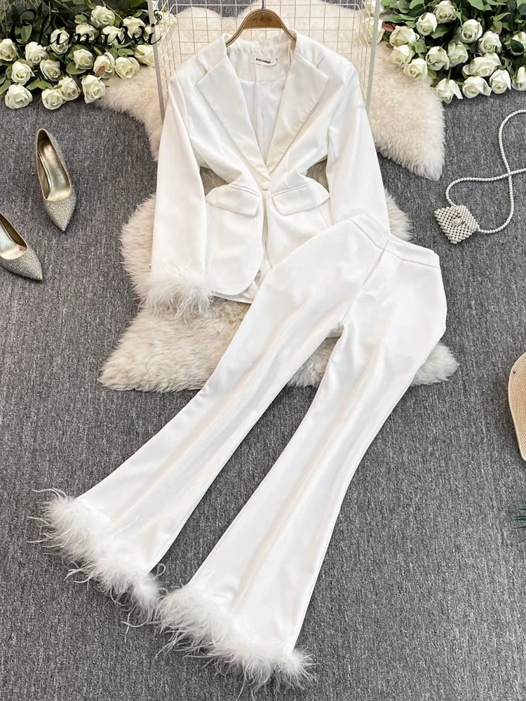 

French Elegant Commuter Feather Splicing Long Sleeve Single Button Blazer High Waist Slim Fit Flare Trousers Two-piece Set Women