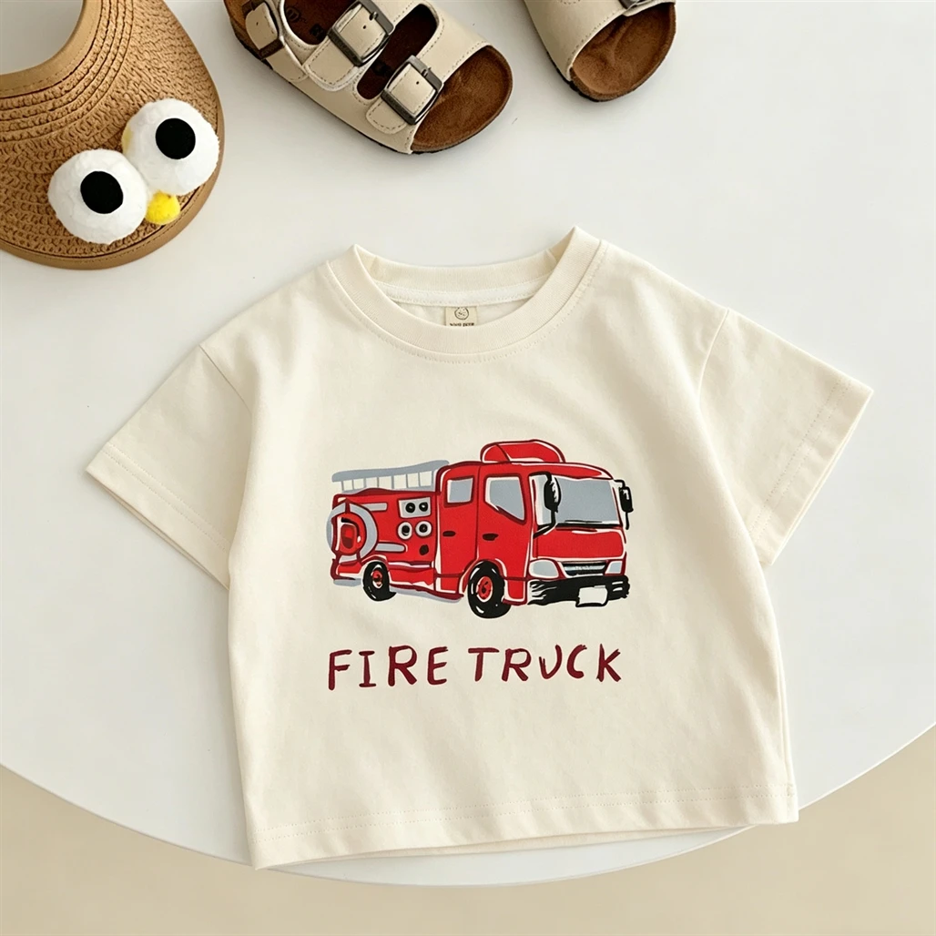 Boys Trendy Clothes Little Cart Printed T-shirt Kids Simple All-match Base Shirt Children's New Design Thin Cotton Short Sleeve