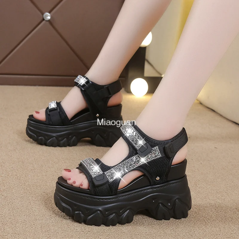 2023 Summer Women\'s Sandals Fashion Open Toe Non-slip Rhinestone Wedge Shoes Walking Outdoor Beach Casual Shoes Platform Sandals