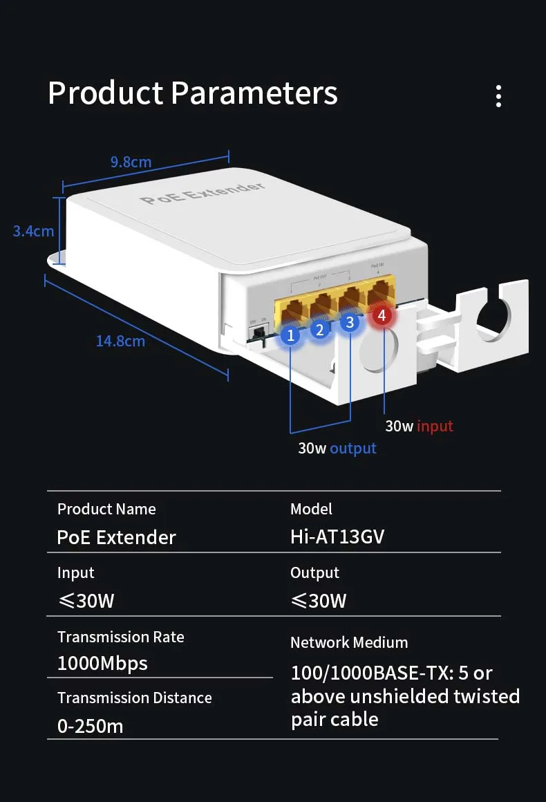 Hisource 4 Port IP55 Waterproof POE Repeater 100/1000Mbps 1 to 3 Network Switch PoE Extender for IP Camera