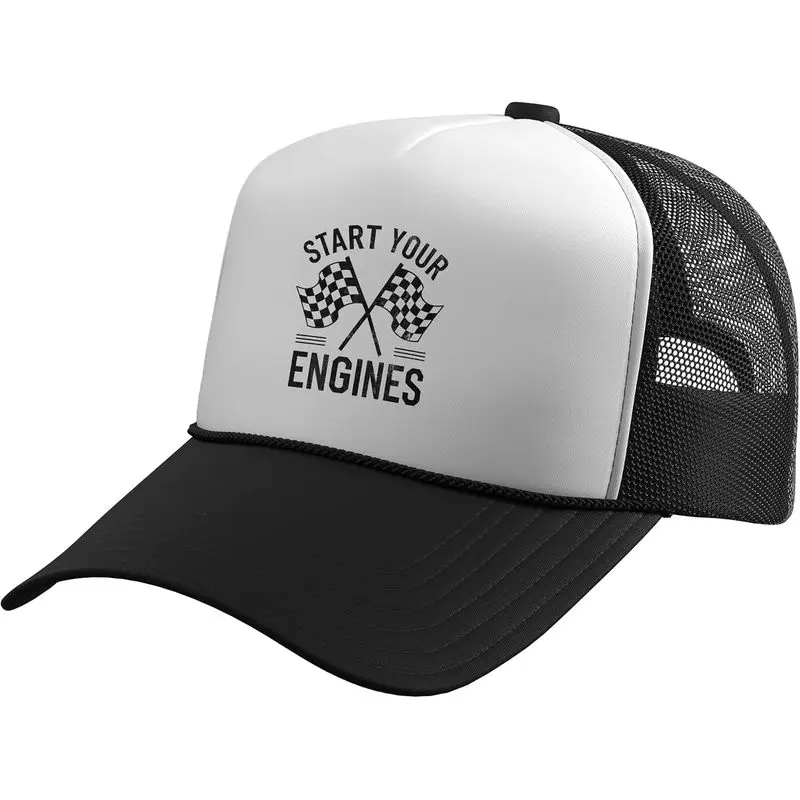 Start Your Engines Vintage Checkered Flag Race Car Trucker Hat with Adjustable Mesh Back