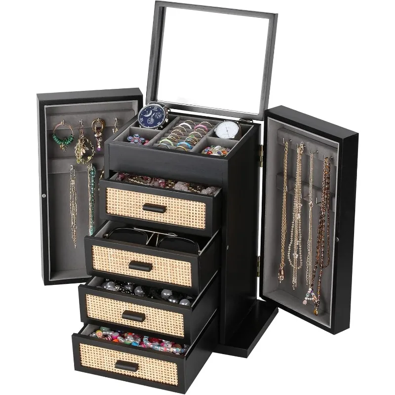 

Jewelry Organizer, Rattan Jewelry Box, 5 Layer Wooden Jewelry Organizer Box with Mirror, Jewelry Boxes with 4 Drawers