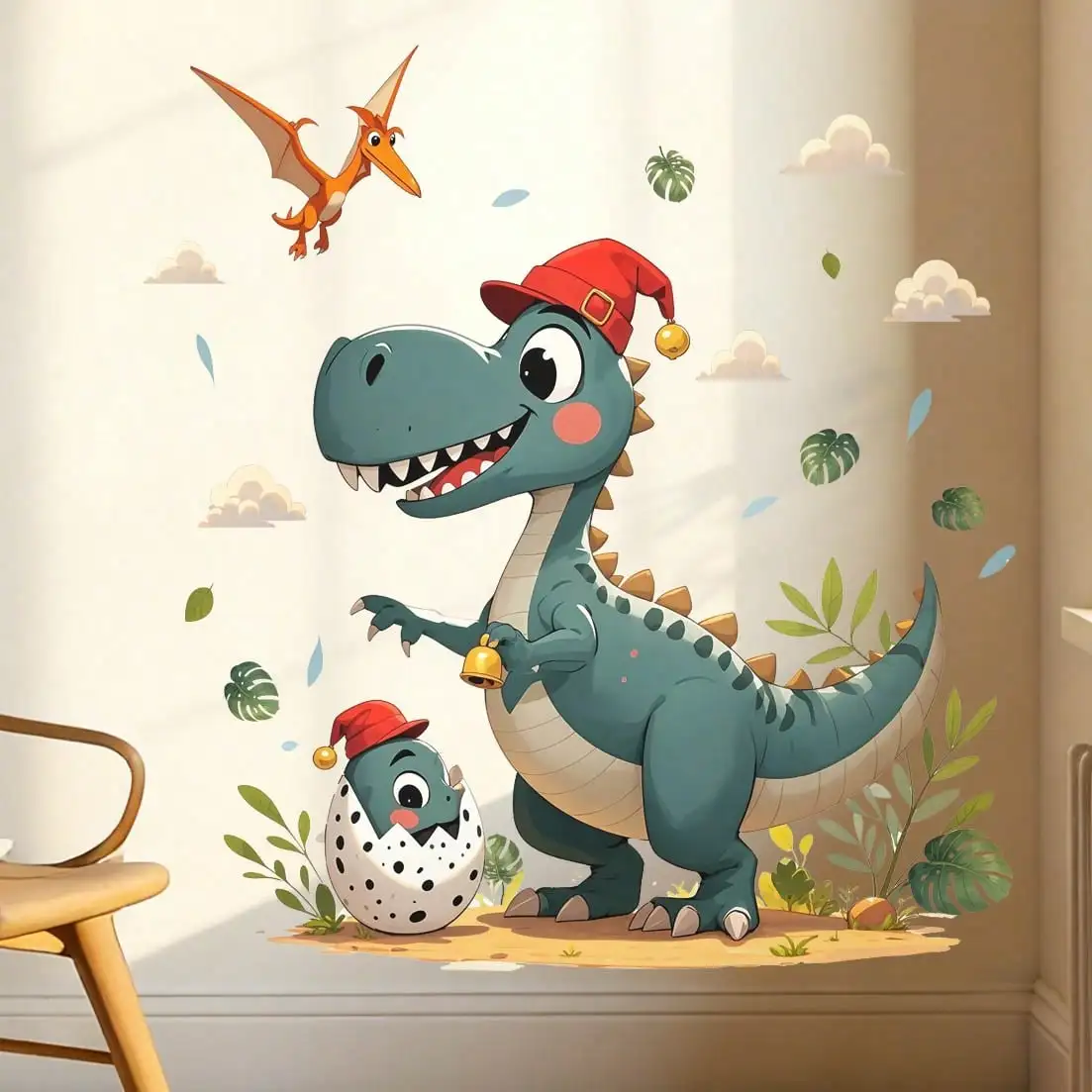 Christmas style dinosaur wall stickers cartoon tyrannosaurus rex/pterosaur children's room/door wall decoration self-adhesive st