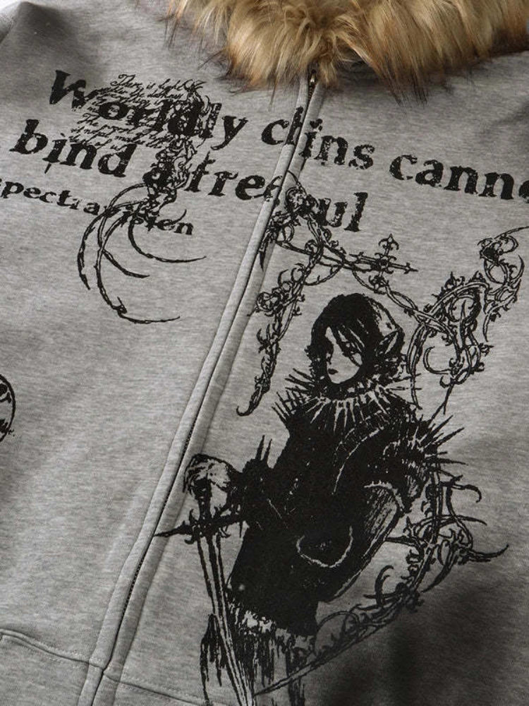 เสื้อฮู้ดดี้คอปกผ้าวูลพิมพ์ลาย High Street ปี 2025 แบบยูนิเซ็กซ์ สไตล์ฮาราจูกุ ดีไซน์ดาร์ก