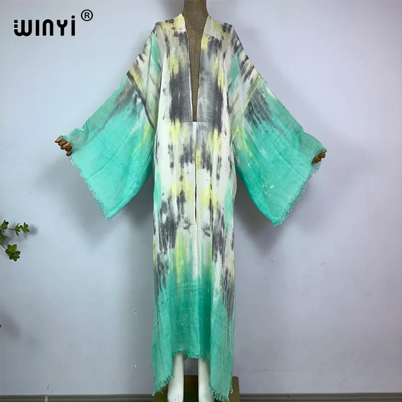 WINYI كيمونو جديد بوهو شاطئ الصيف التعادل صبغ طباعة بيكيني التستر مثير vestidos الفقرة بلايا طويلة الأكمام ملابس السباحة امرأة قفطان