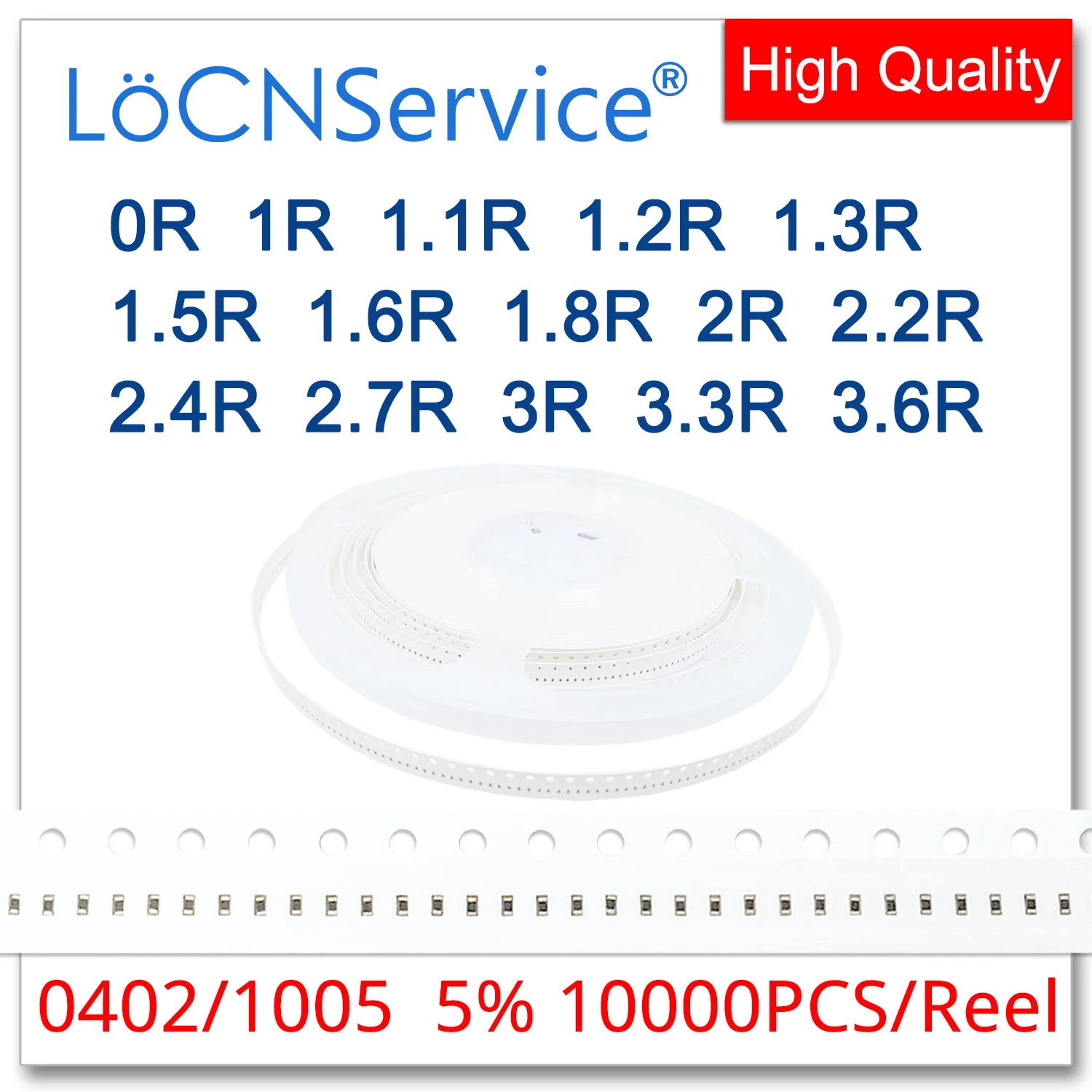 LoCNService 0402 J 5% 10000 قطعة 0R 1R 1.1R 1.2R 1.3R 1.5R 1.6R 1.8R 2R 2.2R 2.4R 2.7R 3R 3.3R 3.6R smd 1005 المقاوم 1R1 1R2 أوم