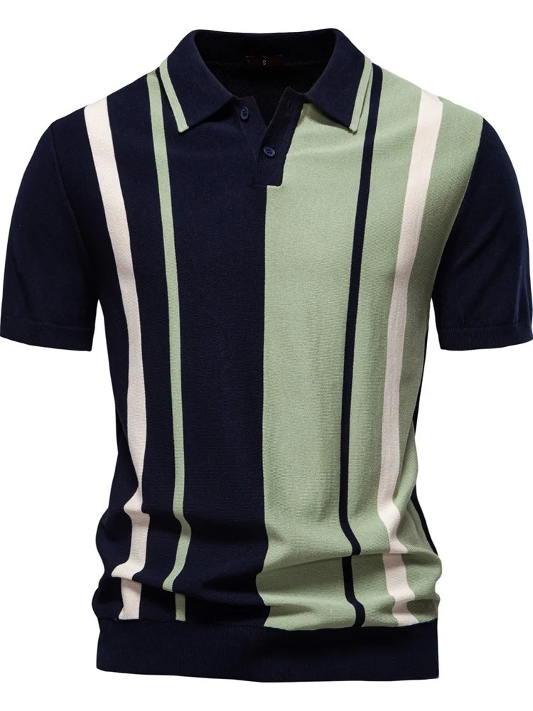 

Мужская трикотажная летняя рубашка с коротким рукавом, в полоску, с пэчворком, европейский размер, повседневная, дышащая, из полиэстера, с отложным воротником