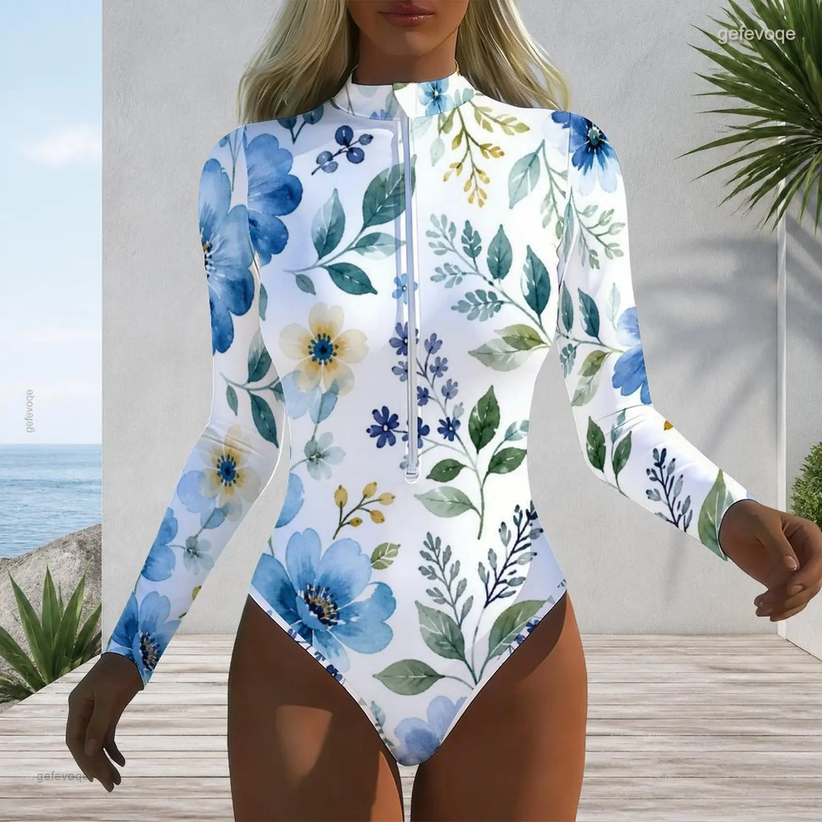 Printed Swimsuit for Women High Neck Front Zip Long Sleeve One Piece