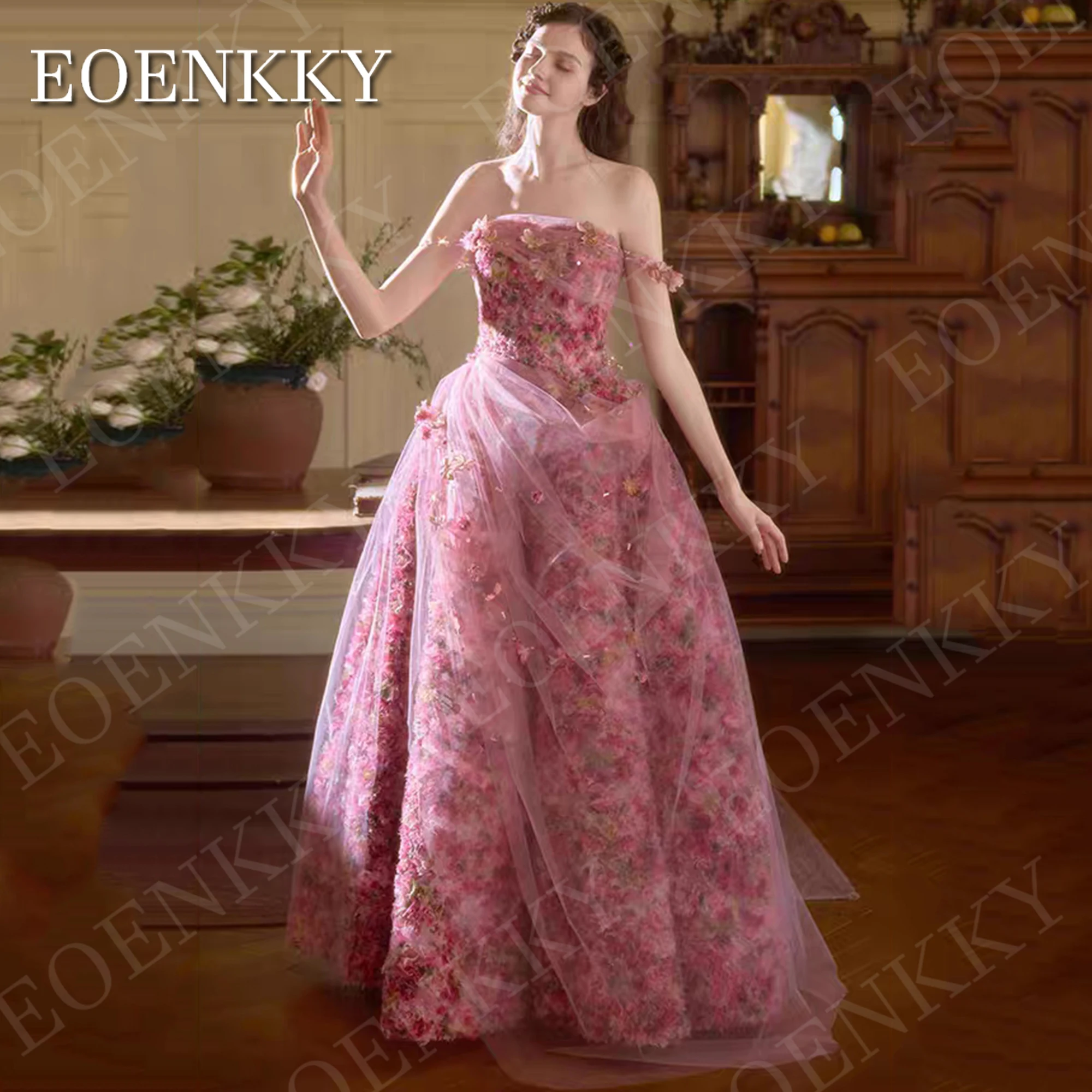 

EOENKKY 3D Floral Luxury Prom Dress Off Shoulder Princess A Line Tulle Fairy Pageant Dresses Customized vestidos de graduación