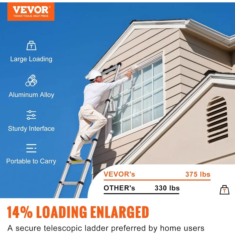 VEVOR Telescoping Ladder, 12.5 FT Aluminum One-button Retraction Collapsible Extension Ladder, 375 LBS Capacity with Non-slip
