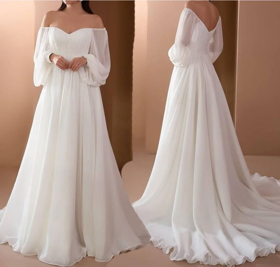 

Customized Elegant Puff Sleeve Maxi Dress Women's Evening Party Outfit Autumn Off-Shoulder Strapless Backless Floor-Length Gown
