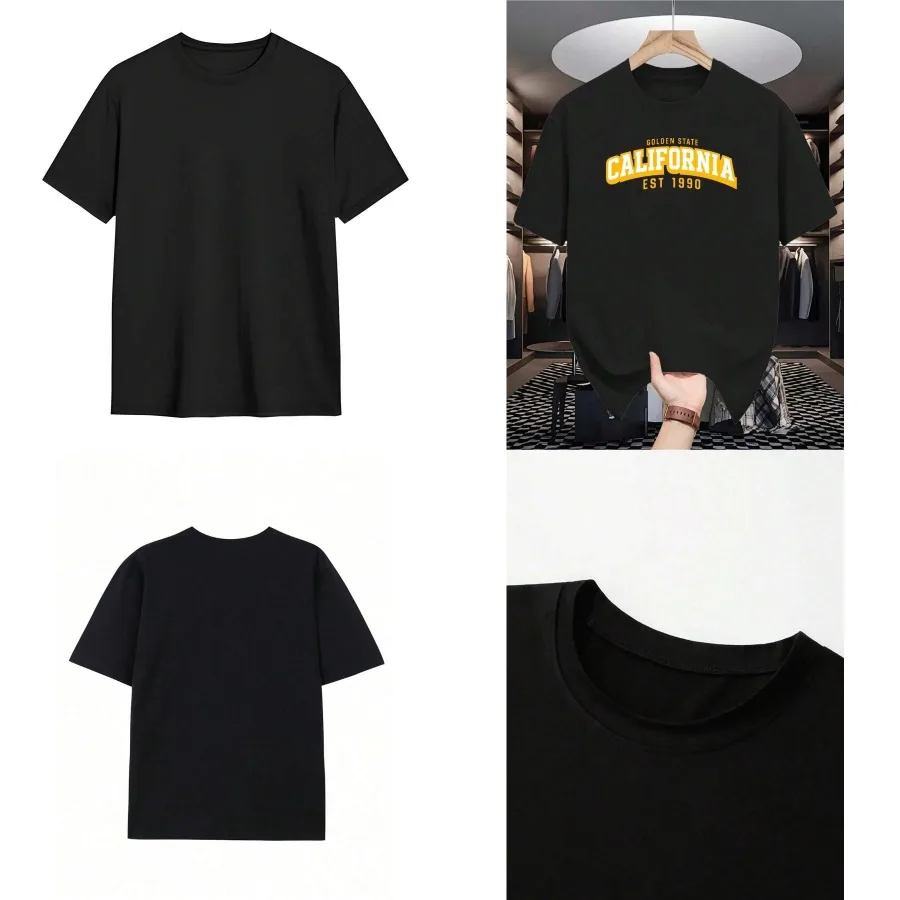 

【New style】Men California Golden State Est 1990 Vintage Graphic T-Shirt Distressed Lettering Golden Lettering Print Casual Roun
