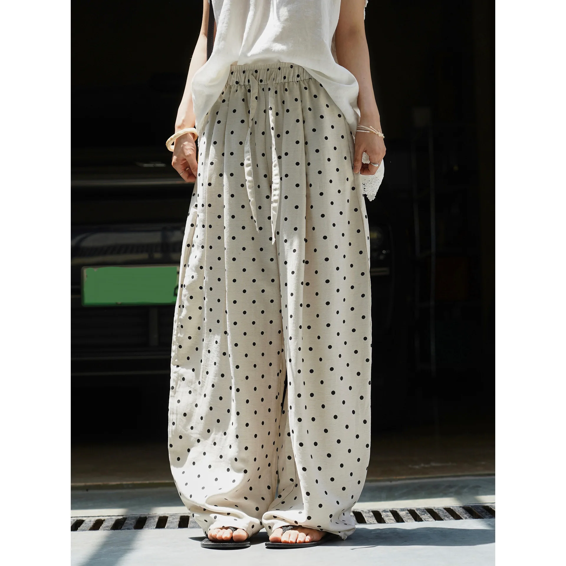 

Summer Linen Polka Dot Wide-leg Pant Casual High-waist Draped Long Pants For Women
