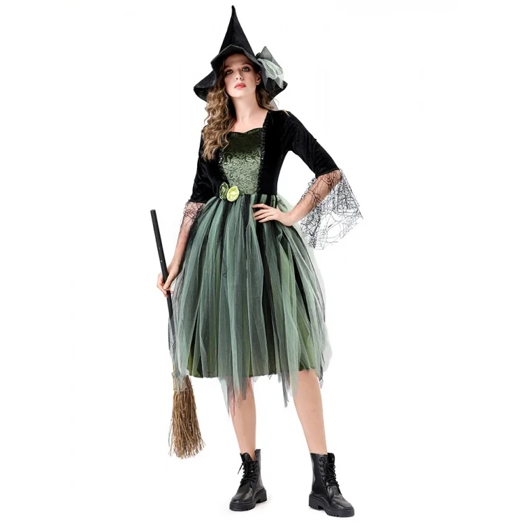 大人用グリーンワイルドウィッチコスチュームドレスハロウィンロールプレイング服ステージパフォーマンスおとぎ話テーマ女性用ドレス