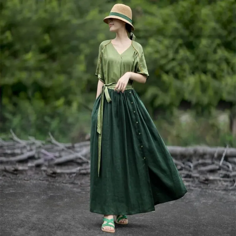 

2025 Summer Cotton Linen Women's Long Dresses High Waist Loose A-Line Vintage Dress Short Sleeve V-Neck Lace-up Robe