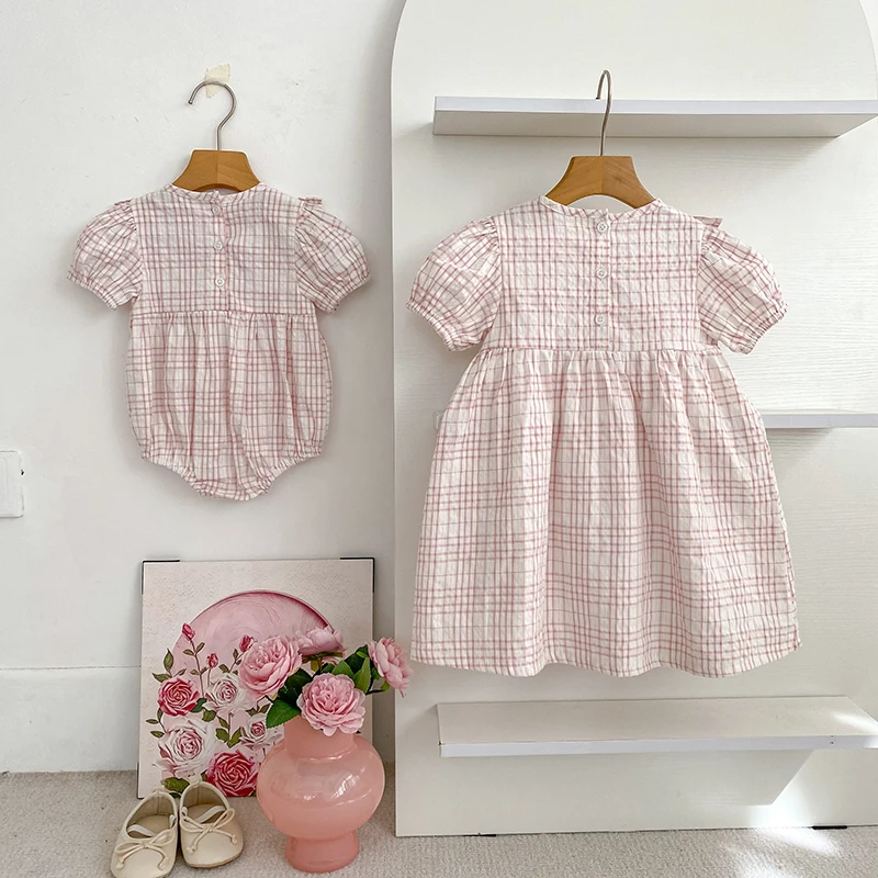 2026 Sommer-Schwesterkleidung 0-24M Baby Mädchen Kurzarm-Body mit Gitter-Stickerei 2-6 Jahre Süße Partykleider für Kinder – Detail 34