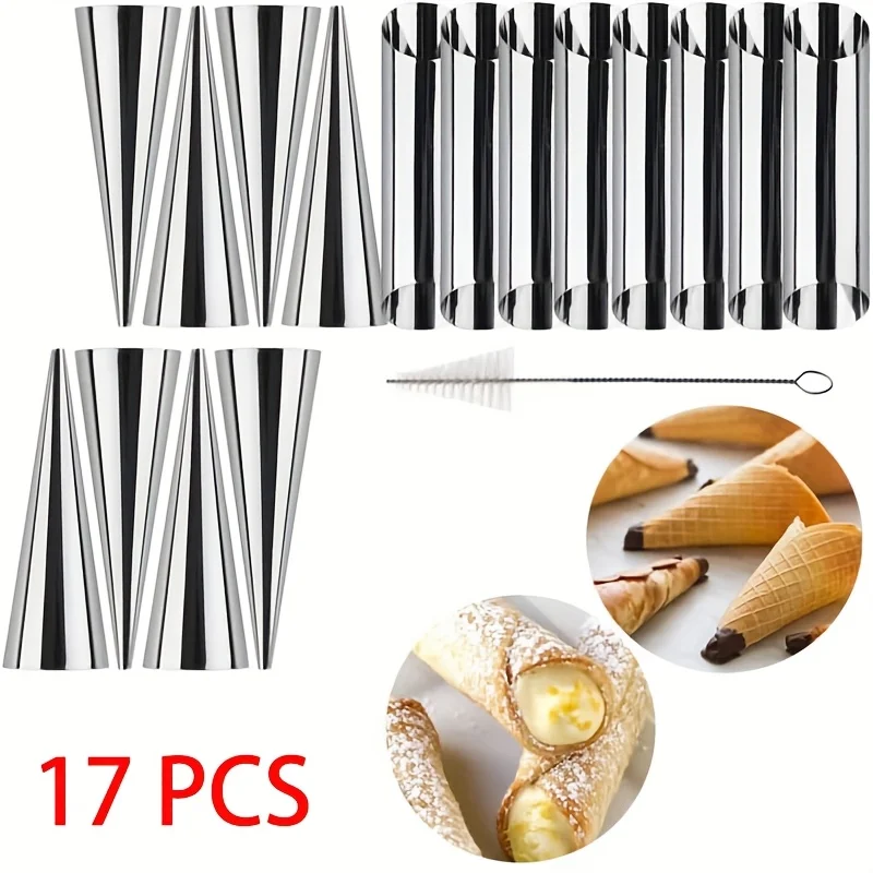 17Pcs Cream Horn Baking Pastry Tool Stainless Steel Spiral Croissants Molds Conical Tube Cone Roll Moulds Cake Bread Mold