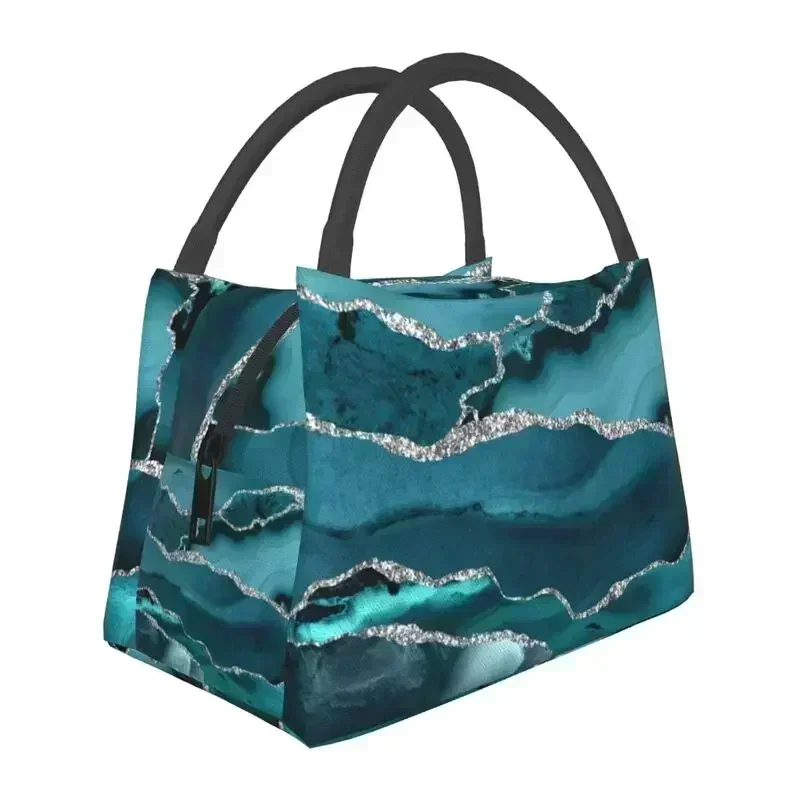 Trend Turquoise Marble Textures Insulated Lunch Bags Geometric Texture Resuable Thermal Cooler Bento Box Outdoor Camping Travel