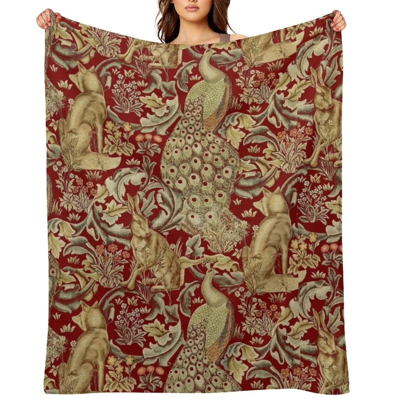 

FOREST ANIMALS,PEACOCKS,FOX AND HARE IN RED LEAVES FLORAL PATTERN Throw Blanket Thermal Thins Shaggy Blankets